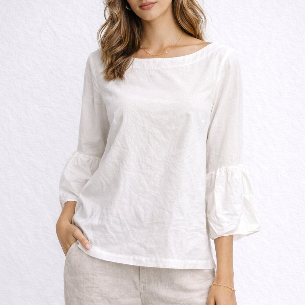 Laundry By Shelli Segal Size L White Top Bell Sleeve Boat Neck Blouse Neutral